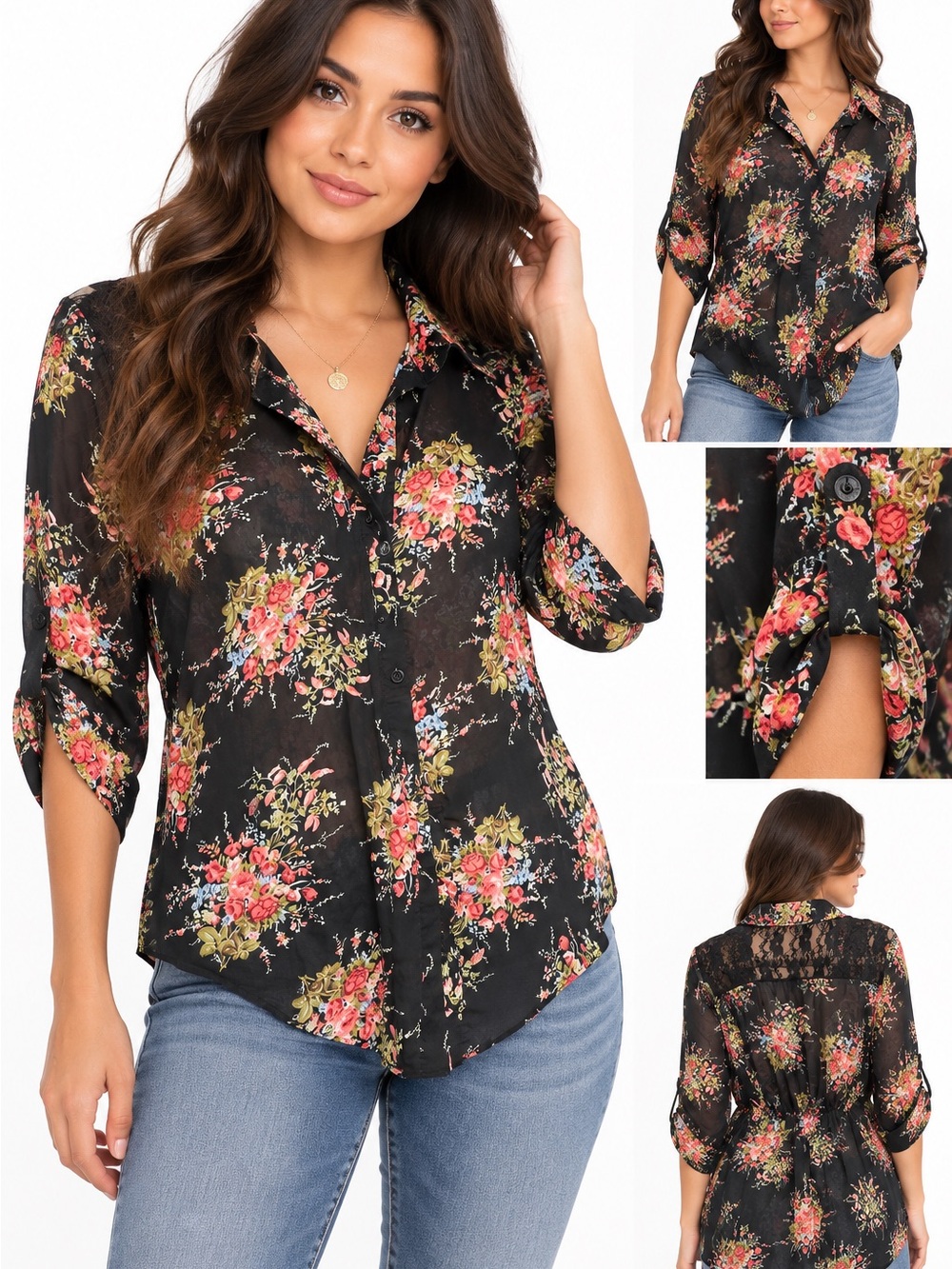 Wet Seal Black Floral Sheer Blouse – Size Small